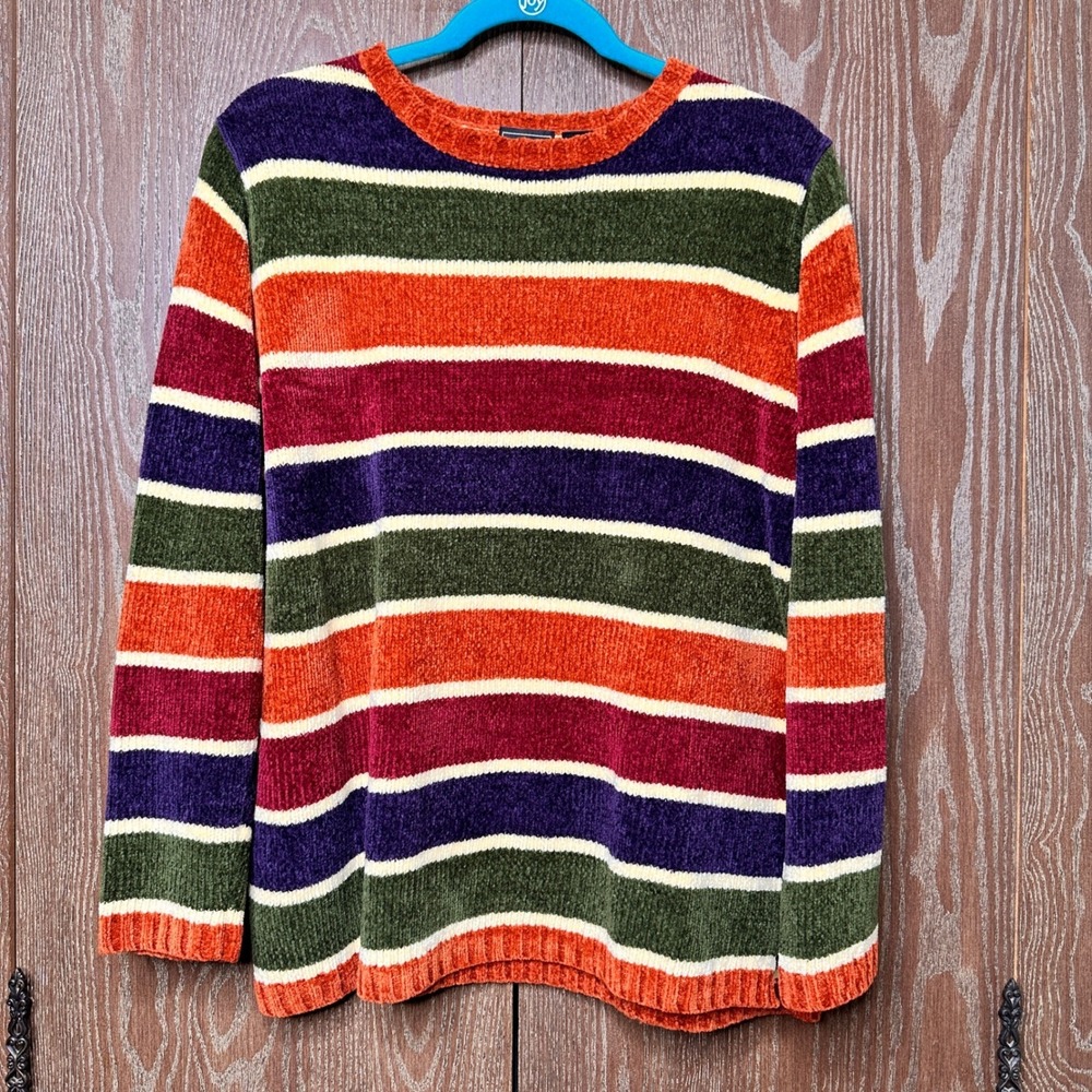 Velour Fall Academia Striped Sweater Relaxed Multi Color Cozy‎ Women's Medium